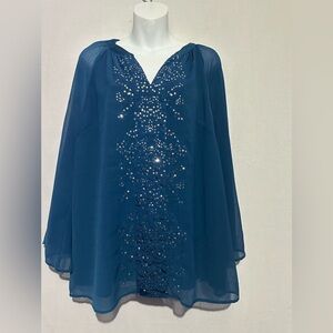 New Directions Blue Embellished Top Large